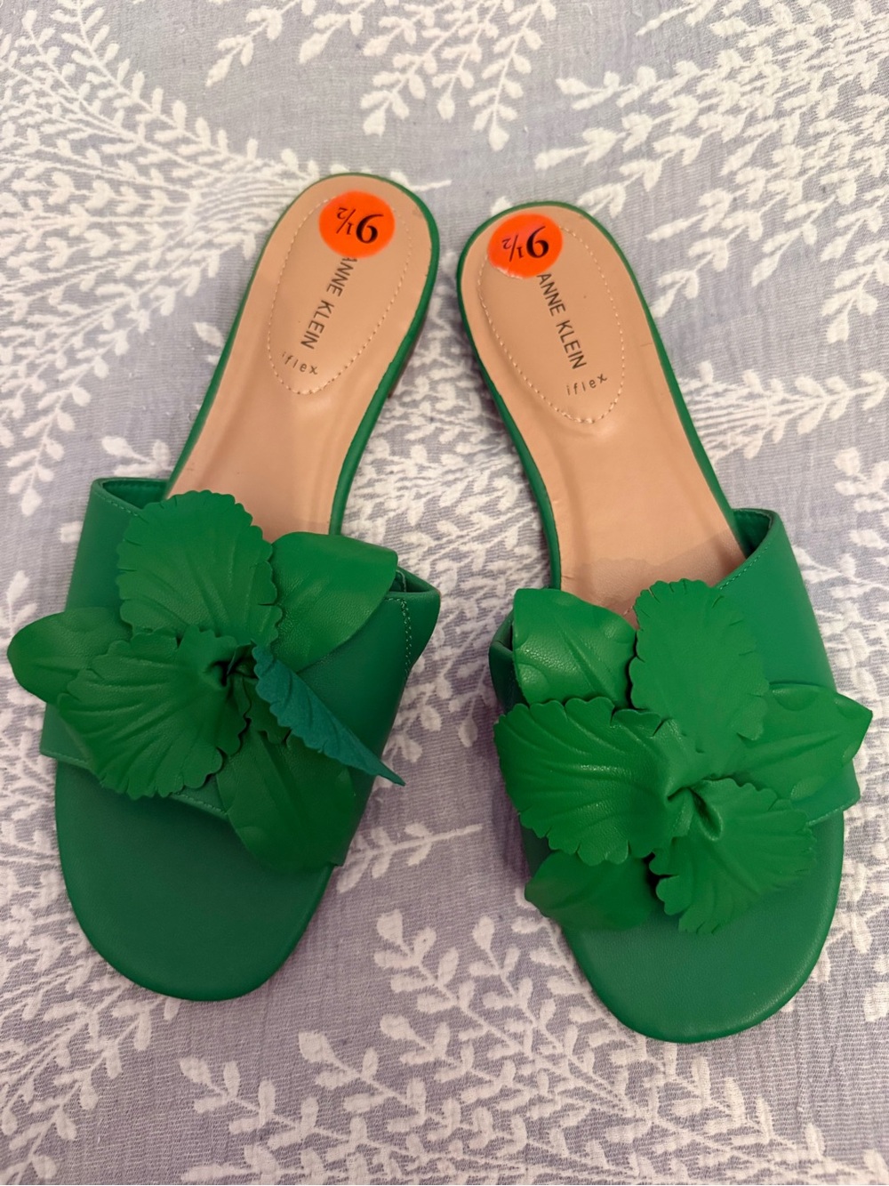 Anne Klein Green Floral Appliqué Slide Mules